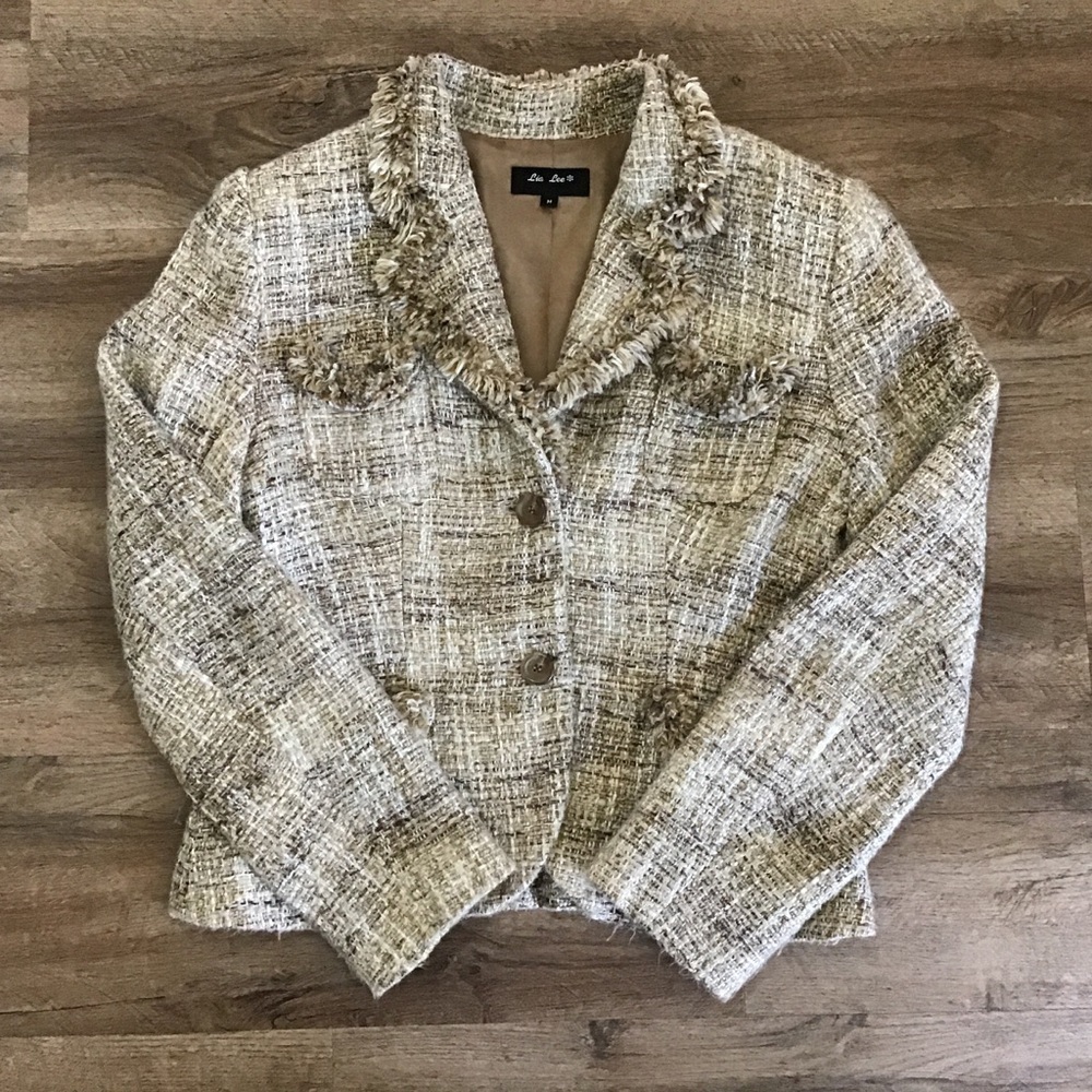 LIA Lee Blazer Size Medium Jacket Soft Tweed Fringe Button Down Tan Brown